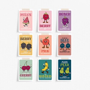 Tarjetas imprimibles de San Valentín con bocadillos de frutas: lindas tarjetas de San Valentín para niños: tarjetas retro de San Valentín con bocadillos de frutas, tarjetas de San Valentín escolares con bocadillos de frutas