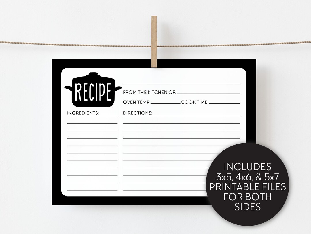 Black and White Recipe Card Instant Download Printable - Etsy