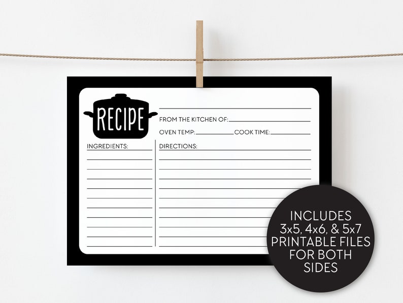 Black and White Recipe Card Instant Download Printable Etsy