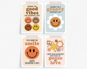 Smiley Face Valentine Cards - Retro Valentine's Day Cards - Groovy Valentines for Kids - Print at Home Valentines - Boho Valentine Cards
