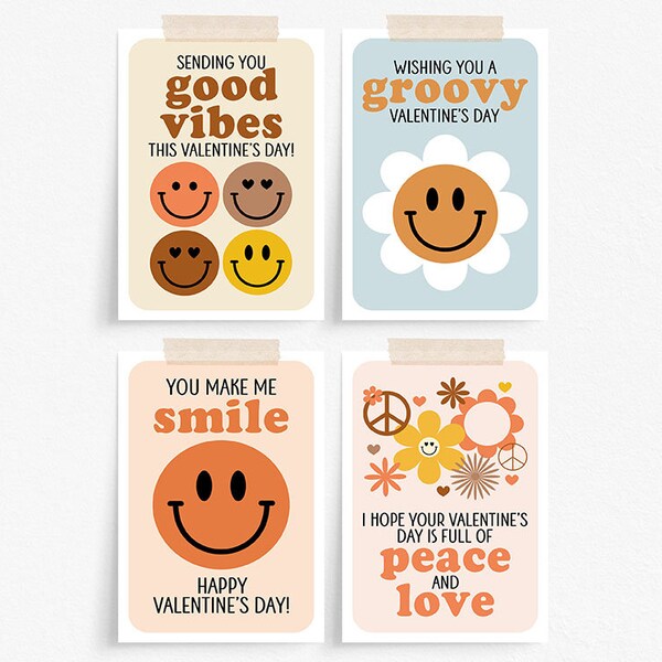 Smiley Face Valentine Cards - Retro Valentine's Day Cards - Groovy Valentines for Kids - Print at Home Valentines - Boho Valentine Cards