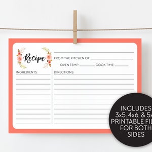 Printable Recipe Cards - Floral Bridal Shower Recipe Card - 4x6 Recipe Card Download - Bridal Shower Recipe Card