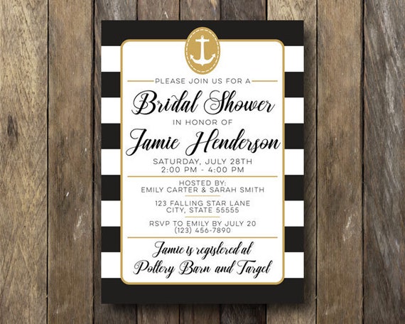 Items similar to Nautical Bridal Shower Invitation - Black and Gold ...