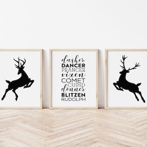 Arte imprimible de renos - Signo de nombres de renos - Impresiones navideñas en blanco y negro - Descarga de impresión de renos - Christmas Wall Art