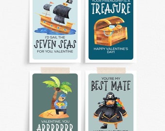 Pirate Valentine Cards Printable Download, Pirates Valentine's Day Cards for Kids, Printable Valentines for School, Easy to Print Valentines