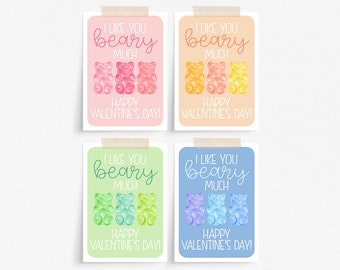 Gummy Bear Valentine Printable Cards, I Like You Beary Much Valentines, Printable Valentine Cards Download, Print at Home Valentine's Day