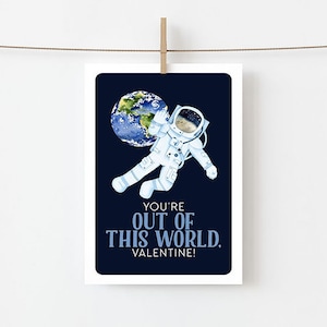 Out of This World Valentijnskaart - Astronaut Valentijnsdagkaarten - Afdrukbare Valentijnskaart Download - Print thuis Valentijnskaarten