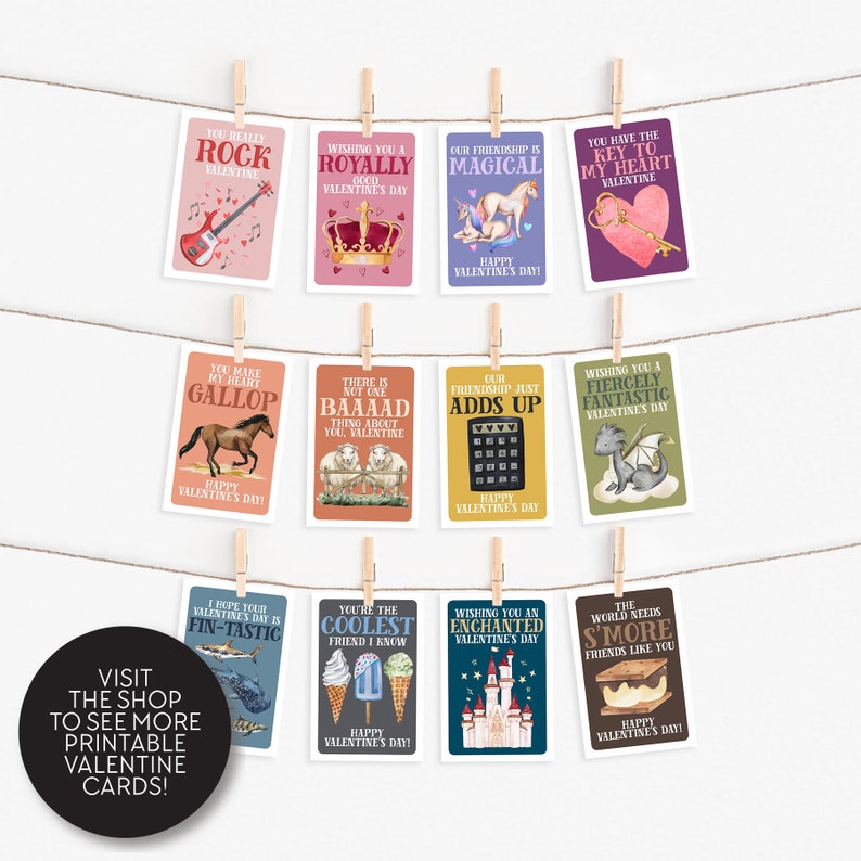 May include: A set of 10 printable Valentine's Day cards featuring various illustrations and puns. The cards are designed in a whimsical style with watercolor elements. The cards include puns such as "You Really Rock", "Our Friendship is Magical", "You Make My Heart Gallop", "There is Not One BAAAAD Thing About You", "Our Friendship Just Adds Up", "Wishing You a Fiercely Fantastic Valentine's Day", "I Hope Your Valentine's Day is Fin-Tastic", "You're the Coolest Friend I Know", "Wishing You an Enchanted Valentine's Day", and "The World Needs S'more Friends Like You".