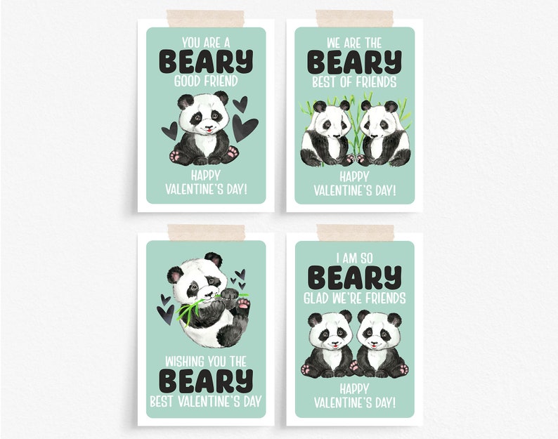 Panda Valentine Cards Printable, Panda Valentines Digital Download, Printable Panda Bear Valentine's Day Card, Pandas Printable Valentines image 1