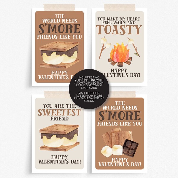 Smores Valentine Printable Cards, Smore Valentine Card Download Print at Home, Cute Valentines for Kids, Smore Friends Valentine's Day Card
