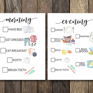 Puede incluir: Dos listas de verificaci&oacute;n en acuarela, una etiquetada como "ma&ntilde;ana" y la otra como "tarde". La lista de la ma&ntilde;ana incluye "Hacer la cama", "Vestirse", "Desayunar", "Potty" y "Cepillarse los dientes". La lista de la tarde incluye "Cena", "Recoger los juguetes", "Ba&ntilde;arse", "Leer libros", "Potty" y "Hora de dormir."