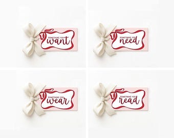 Want Need Wear Read Tags Printable, Gift Tags for Kids, Instant Download Christmas Gift Tags, Something You Want Need To Wear To Read