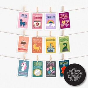 May include: A set of ten printable Valentine's Day cards featuring whimsical illustrations and cute sayings. The cards feature a variety of themes, including unicorns, castles, dragons, and hearts. The text on the cards includes phrases like "You make my heart prance" and "Wishing you a magical Valentine's Day."