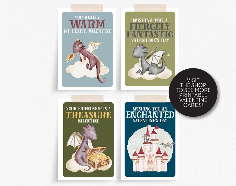 May include: Four printable Valentine's Day cards featuring cute dragons and castles. The cards have different messages, including "You really warm my heart, Valentine", "Wishing you a fiercely fantastic Valentine's Day", "Your friendship is a treasure Valentine", and "Wishing you an enchanted Valentine's Day".