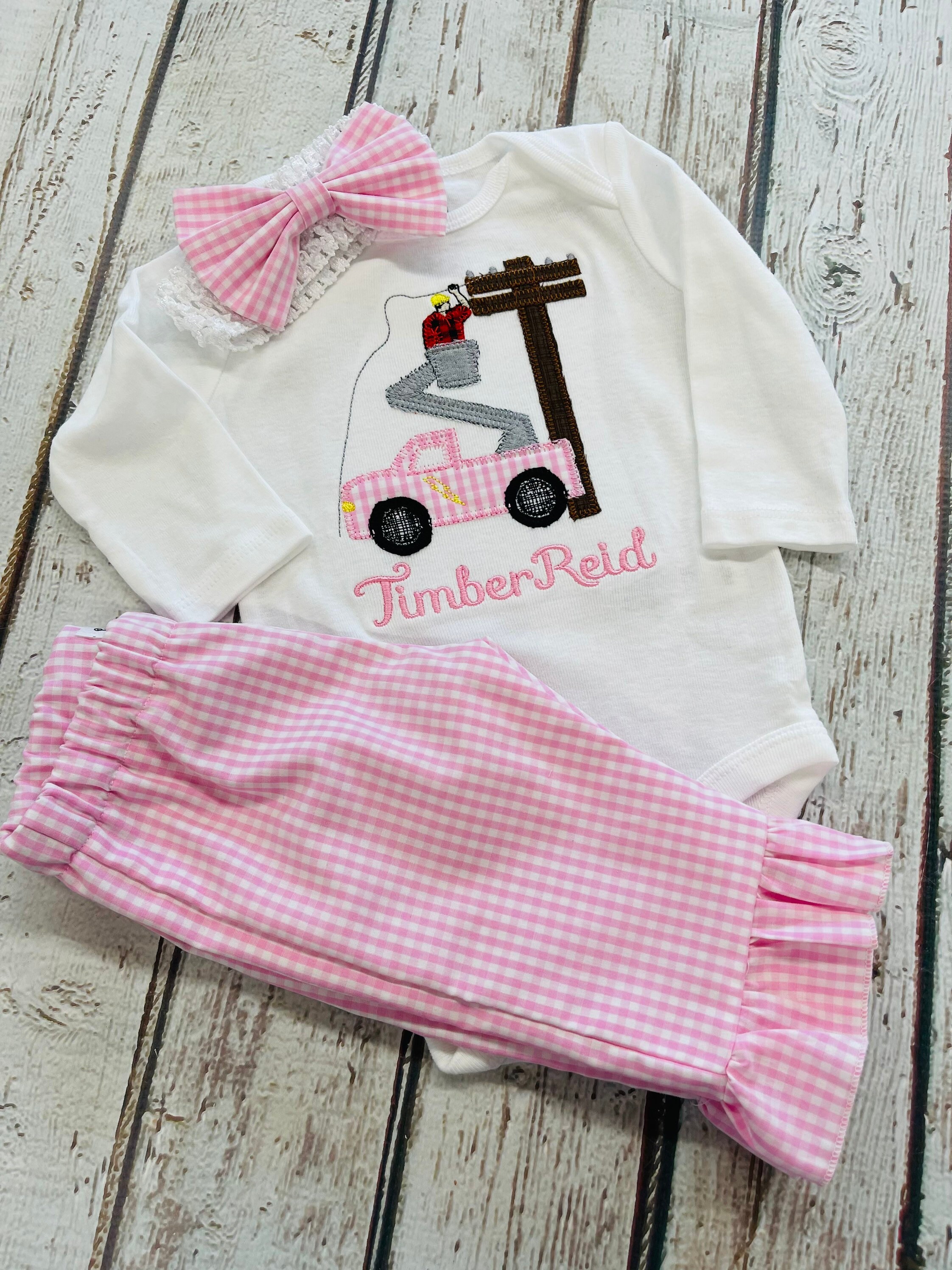 Baby Girl Lineman Outfit: Bucket Truck Applique Shirt & Gingham Shorts Set