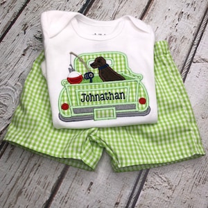 Baby Boy Fishing Truck Shirt Matching Gingham Shorts Toddler Boy Fishing Truck Short Set Fishing Pole Birthday Shirt