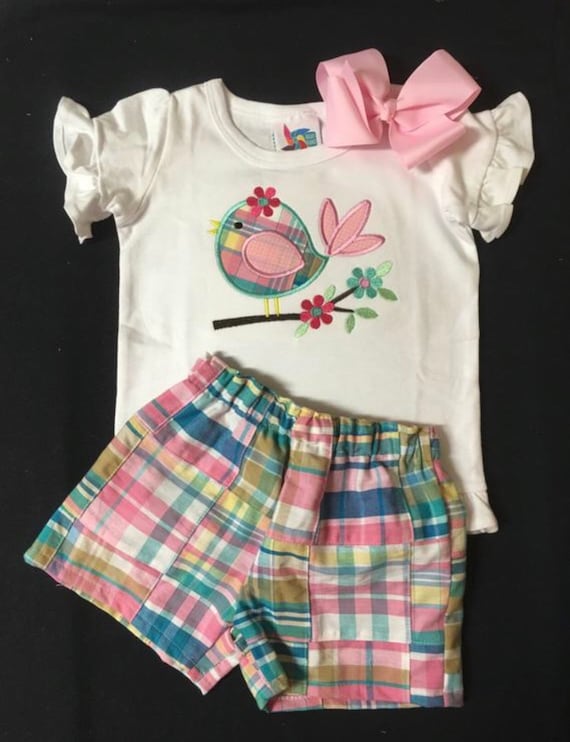 Baby girl Outfit with an Appliqued Bird Bodysuit or Tshirt Matching Patchwork Bloomers, shorts or Ruffle Pants Baby Girl Clothes