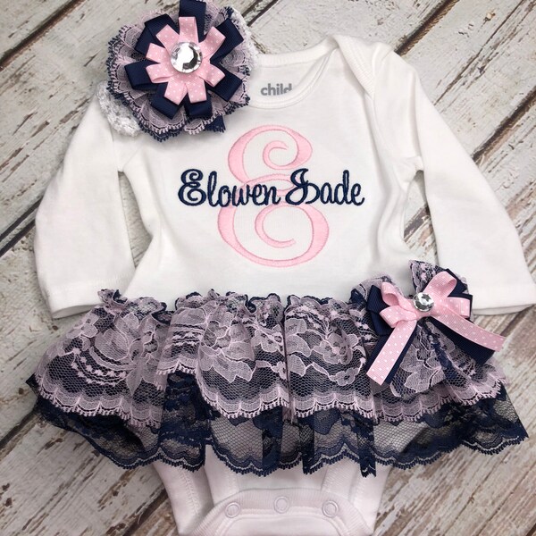 Baby Girl Clothes Coming Home Photo Oufit Monogrammed Body Suit with Attached Lace Ruffle TuTu Skirt. Matching Headband and Sidebow.