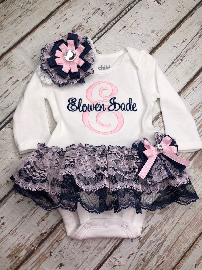 Baby Girl Clothes Coming Home Photo Oufit Monogrammed Body Suit with Attached Lace Ruffle TuTu Skirt. Matching Headband and Sidebow. 