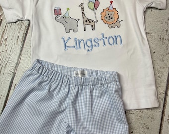Boy's Safari Birthday Outfit: Embroidered Animals & Blue Gingham