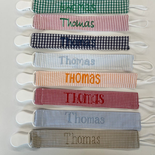 Newborn Baby boy monogrammed pacifier clip newborn baby girl monogrammed pacifier clip seersucker gingham pacifier clip