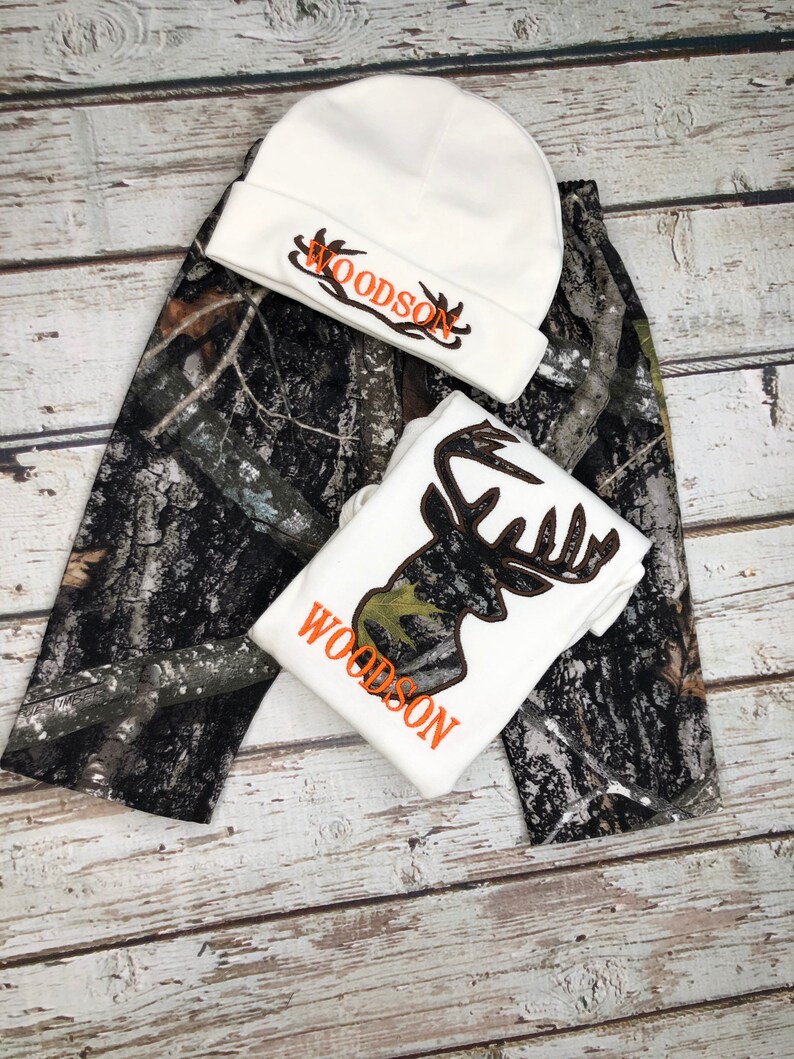 Baby Boy Monogrammed Antler Beanie Hat Camo Deerhead Bodysuit Etsy