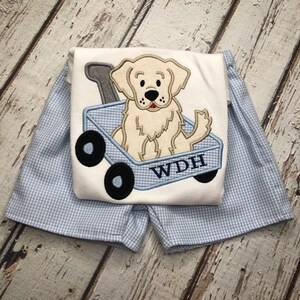 Baby Boy Puppy Shirt Matching Gingham Shorts Boys Appliquéd Dog in a Wagon Bodysuit matching Gingham Diapercover Baby Boy Puppy Shortset image 2