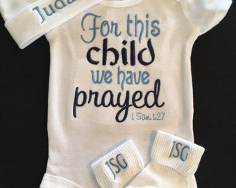 Newborn Baby Boy For This Child We Have Prayed Newborn Pictures Coming Home Outfit Monogrammed Baby Beanie Monogrammed Socks Baby Boy Outfit