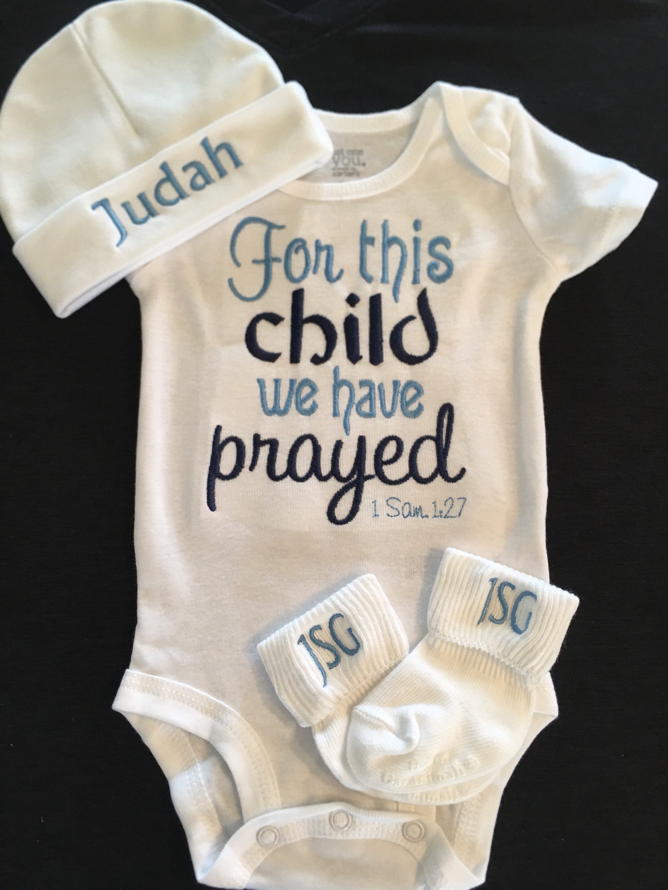 Newborn Baby Boy Outfit: "For This Child We Have Prayed" Bodysuit, Monogrammed Beanie & Socks