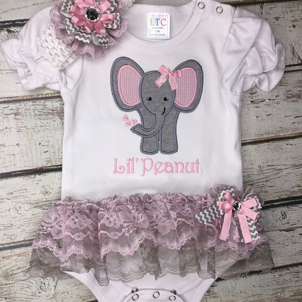 Baby Girl Clothes Elephant Monogrammed Bodysuit Appliqued Elephant Baby Girl Lace TuTu Baby Girl Headband Coming Home Pictures