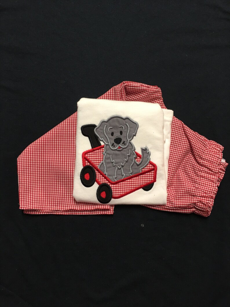 Baby Boy Puppy Shirt Matching Gingham Shorts Boys Appliquéd Dog in a Wagon Bodysuit matching Gingham Diapercover Baby Boy Puppy Shortset image 6