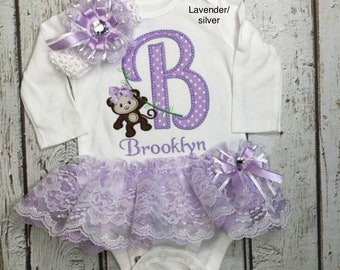 Newborn Baby Girl Monogrammed Bodysuit Appliqued Monkey Baby Girl Lace TuTu Baby Girl Clothes Baby Girl Headband Coming Home Pictures