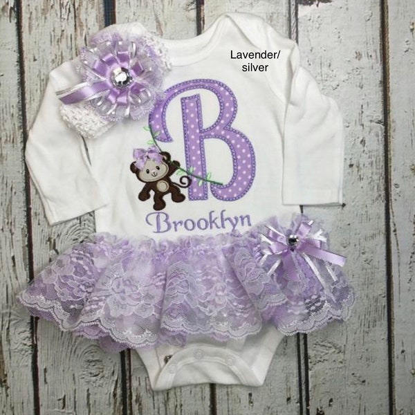 Newborn Baby Girl Monogrammed Bodysuit Appliqued Monkey Baby Girl Lace TuTu Baby Girl Clothes Baby Girl Headband Coming Home Pictures