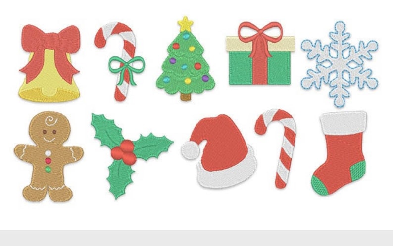 K&ouml;nnte beinhalten: Ein Set mit zehn Stickmotiven zum Thema Weihnachten. Die Motive umfassen eine Glocke, einen Zuckerstock, einen Weihnachtsbaum, eine Geschenkbox, eine Schneeflocke, einen Lebkuchenmann, Stechpalme, eine Weihnachtsm&uuml;tze, einen weiteren Zuckerstock und einen Strumpf.