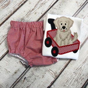 Baby Boy Puppy Shirt Matching Gingham Shorts Boys Appliquéd Dog in a Wagon Bodysuit matching Gingham Diapercover Baby Boy Puppy Shortset image 1