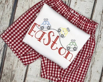 Boy Car Embroidered Shirt Baby Bodysuit Toy Cars on a Track Shirt and Shorts Set Toddler Boy Short Set gingham Shorts Toy Cars Shirt