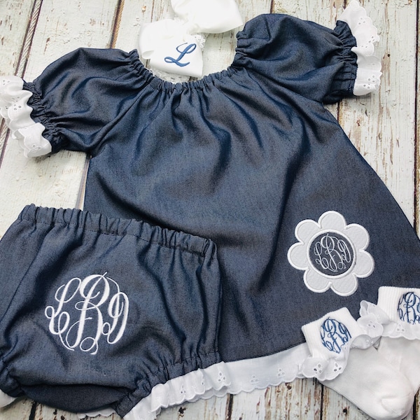 Baby Girl Denim Dress Monogrammed Appliqued Denim Peasant Dress Eyelet Lace monogrammed Bloomers, Socks and monogrammed Hairbow  4 piece