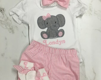 Baby Girl Clothes Baby Boy Clothes Appliquéd Elephant BodySuit with Matching Gingham Bloomer Gingahm Diapercover Monogrammed Socks