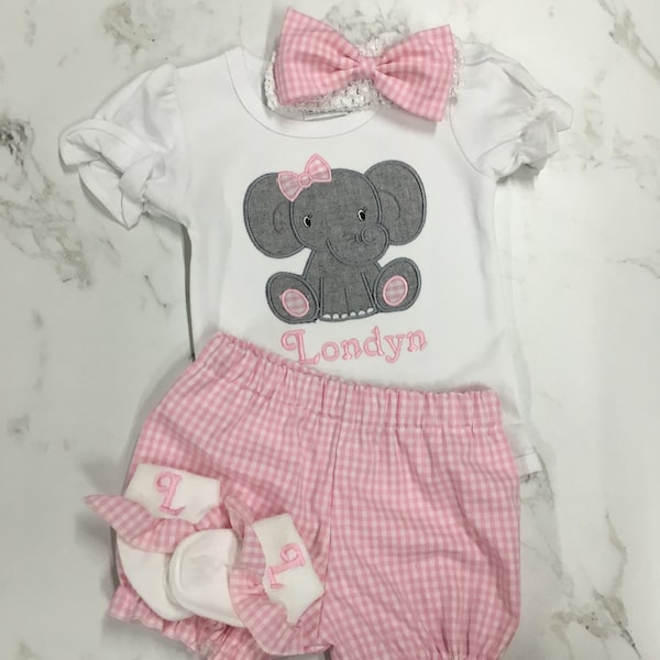 Elephant Appliqué Baby Outfit: Gingham Bloomer & Monogrammed Socks