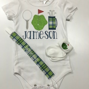Baby Boy Golf Appliqued Bodysuit with Optional Socks & Pacifier Clip