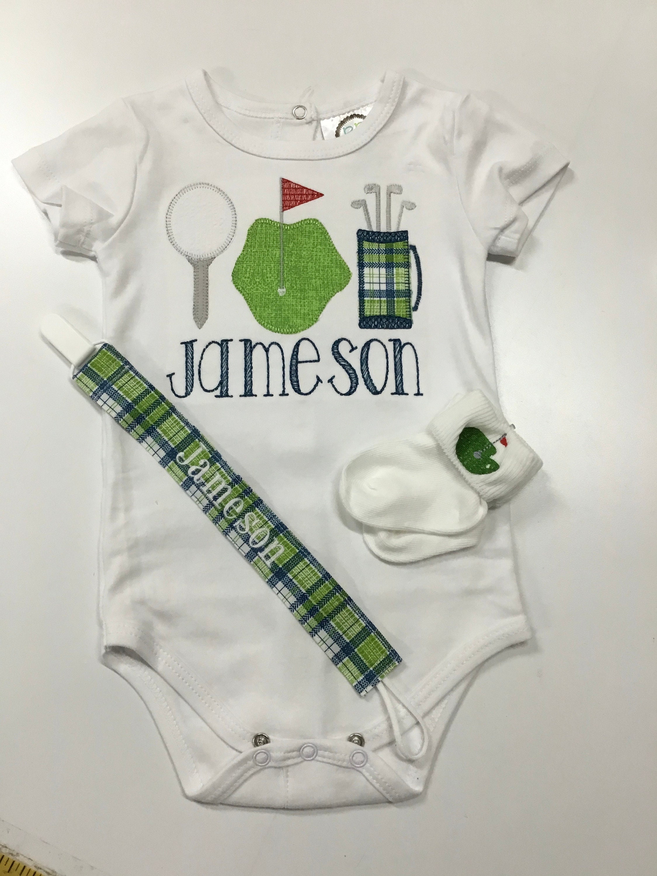 Baby Boy Golf Appliqued Bodysuit with Optional Golf Socks & Pacifier Clip