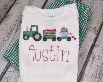 Baby Boy Valentine Shirt Tricycle Wagon Bicycle Baby Girl Valentine Bodysuit Heart Tshirt Red Gingham Pants Green Gingham Pants