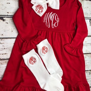 Girl Monogrammed Red Dress Christmas Dress Baby Girls Valentines Dress Long Sleeve Navy Dress Monogrammed Hairbow Monogrammed Knee Socks