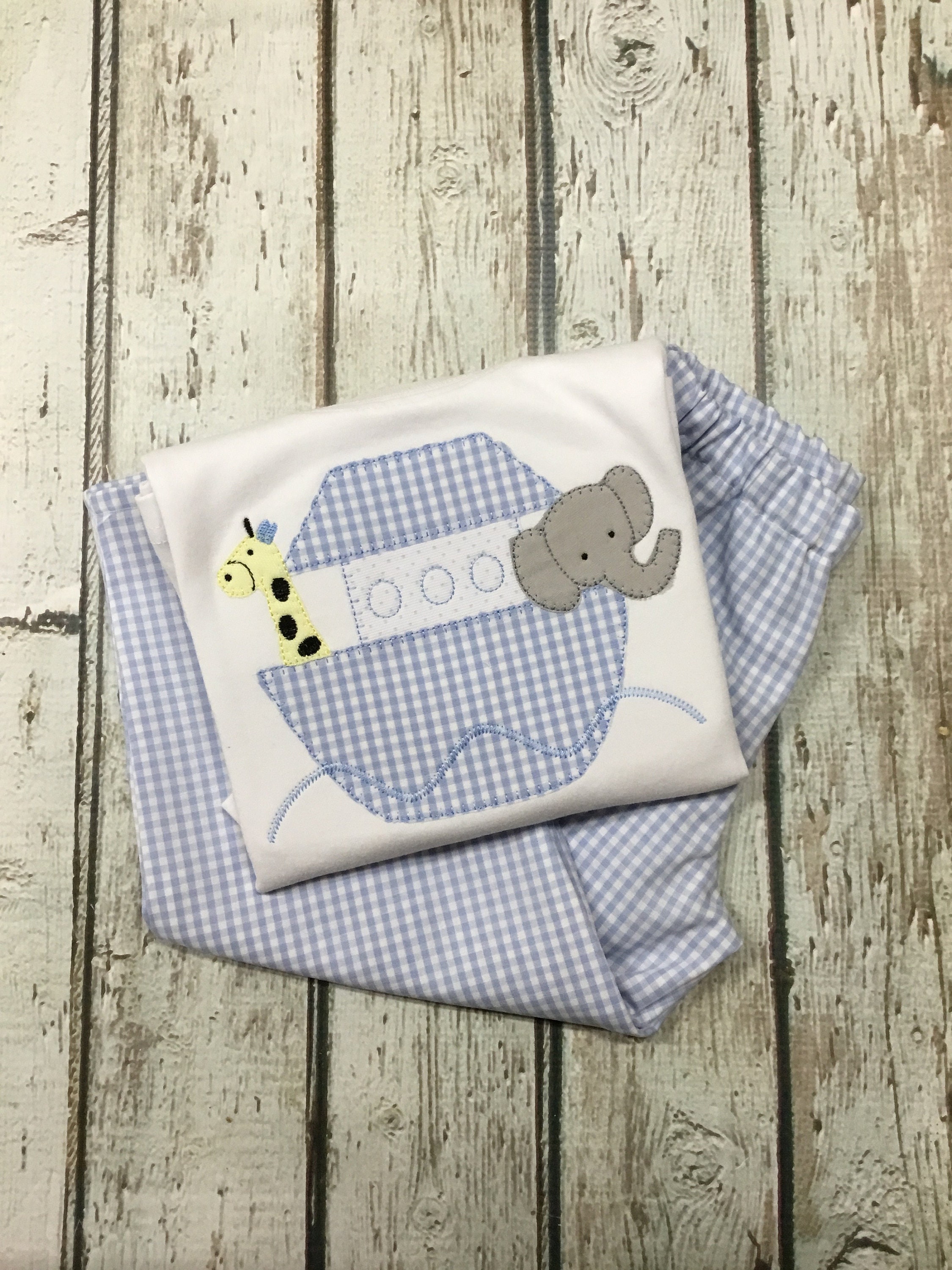 Noah's Ark Appliqued Baby Outfit: Applique Noah's Ark Bodysuit & Gingham Diaper Cover