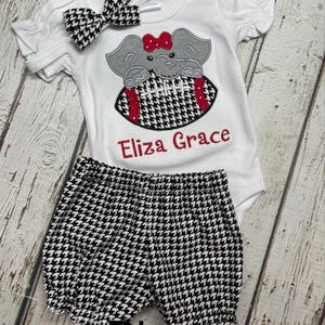 Baby Girl or Baby Boy Applique Bodysuit with Appliqued Elephant  Matching Houndstooth Bloomer, Pants or Shorts Elephant Tshirt