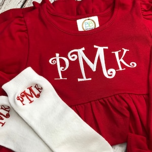 Girl Monogrammed Red Dress Christmas Dress Baby Girls Valentines Dress Long Sleeve Navy Dress Monogrammed Hairbow Monogrammed Knee Socks