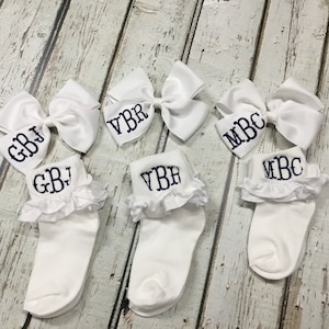 Baby Girl Monogrammed Ruffle Socks Matching Hairbow Toddler Monogrammed Ruffled Socks Easter Baby Dedication Coming Home Outfit Birthday