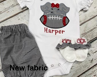 Appliqued Elephant Baby Outfit: Bodysuit, Houndstooth Bloomers & Pants