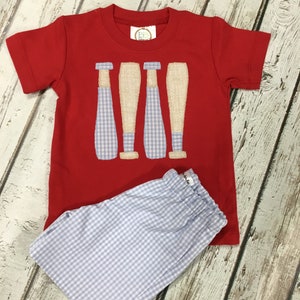 Baby Boy Baseball Tshirt Baby Boy Bat Outfit Matching Blue Gingham Seersucker Diaper Cover Gingham Shorts Gingham Pants image 1