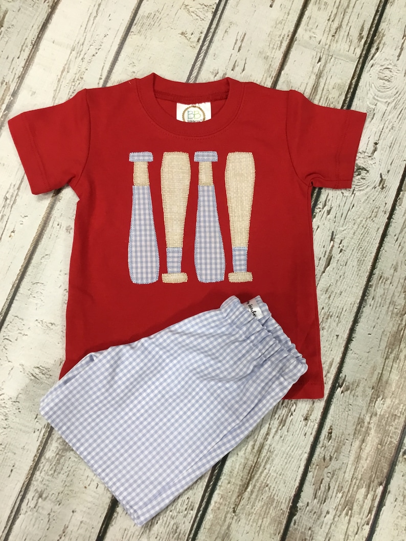 Baby Boy Baseball Tshirt Baby Boy Bat Outfit Matching Blue Gingham Seersucker Diaper Cover Gingham Shorts Gingham Pants image 1